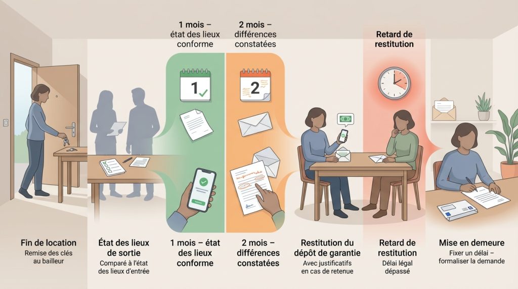 Chronologie de restitution du dépôt de garantie après location : remise des clés, état des lieux de sortie, 1 mois si conforme, 2 mois s’il y a des différences, puis mise en demeure en cas de retard