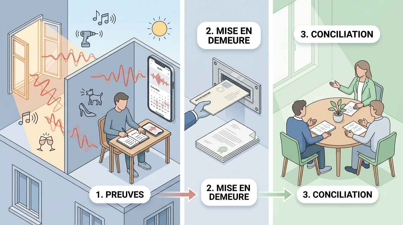Démarches en cas de nuisances sonores répétées : constat des bruits, collecte de preuves, mise en demeure, médiation/conciliation, puis action en justice si nécessaire