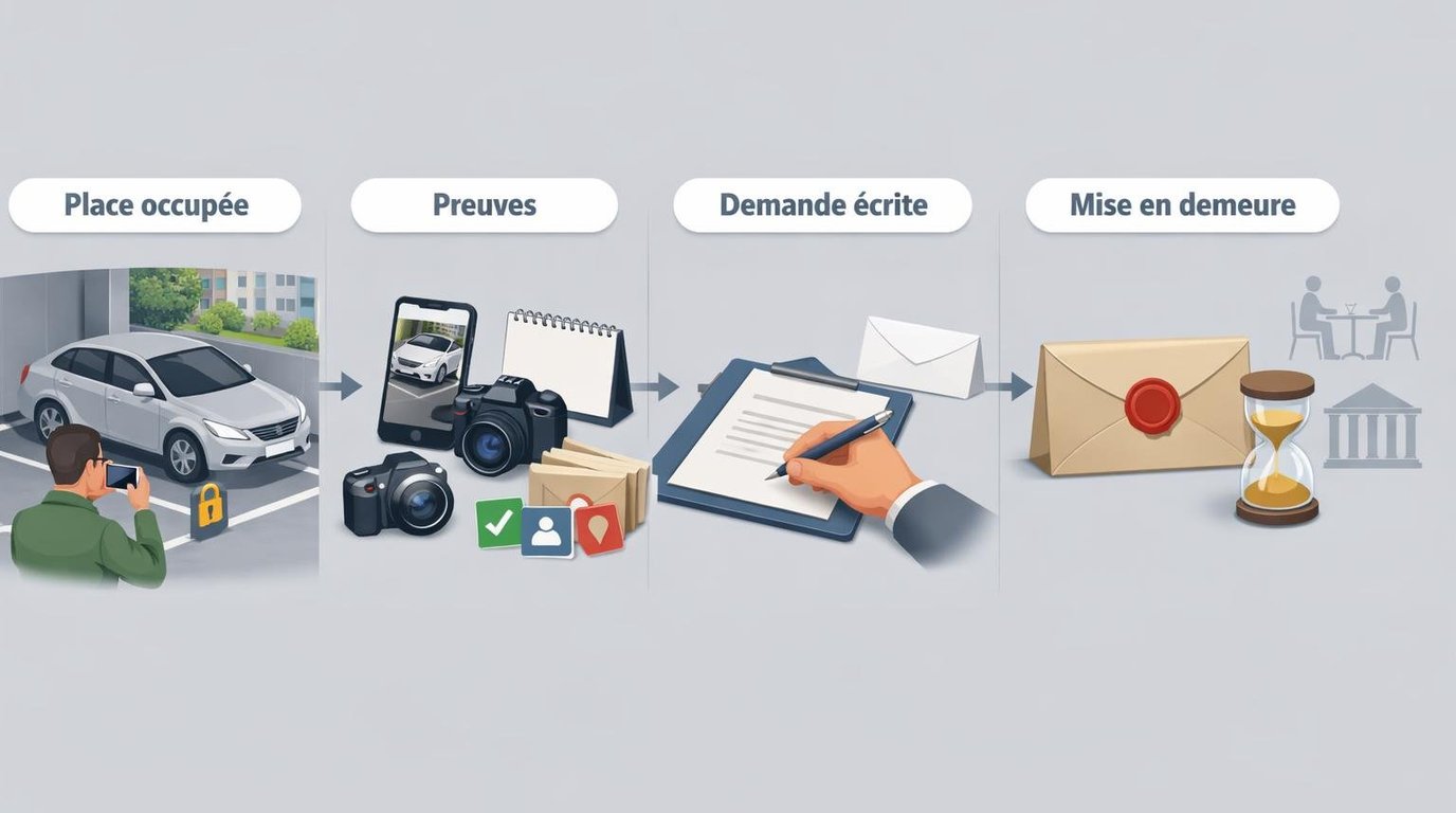 Schéma d’action en cas de place de parking privative occupée : preuves (photos, immatriculation), demande au voisin, mise en demeure, puis syndic / conciliateur / tribunal si besoin