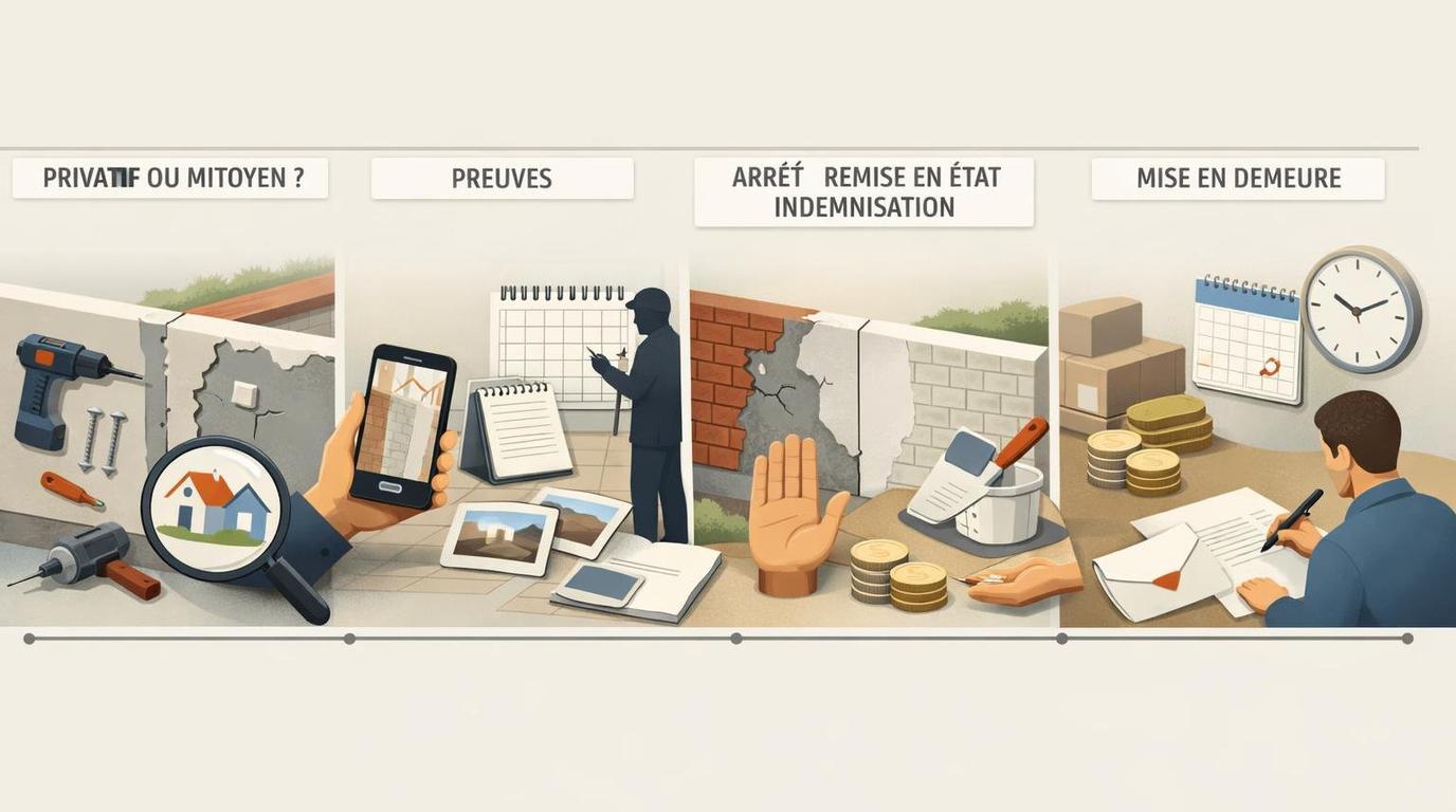 Travaux du voisin sur un mur : vérifier si le mur est privatif ou mitoyen, réunir des preuves (photos, constat), envoyer une mise en demeure, demander l’arrêt des travaux et la remise en état, puis envisager conciliation ou tribunal si nécessaire