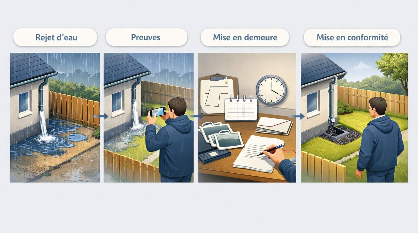 Schéma simplifié : eaux de pluie déversées chez le voisin (gouttière/descente), preuves (photos sous la pluie), mise en demeure, travaux de mise en conformité, puis conciliation ou tribunal si nécessaire