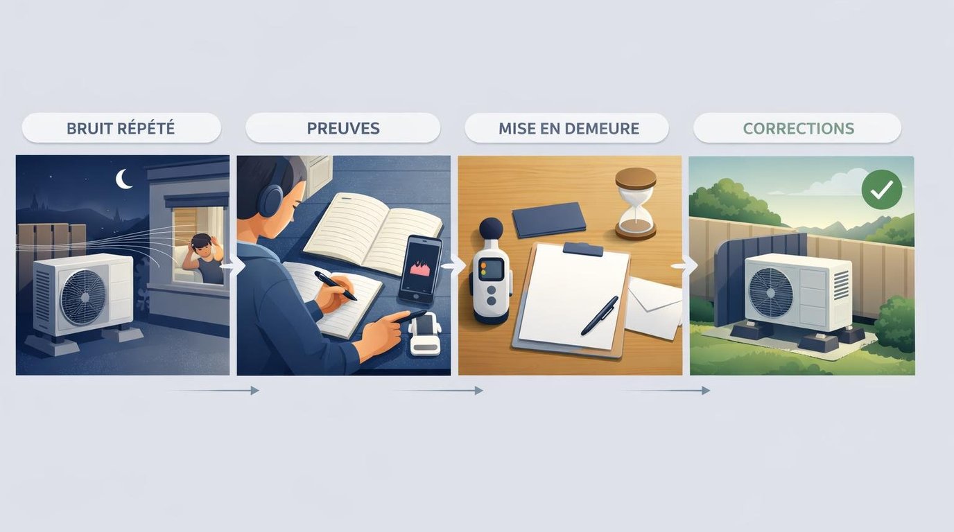 Démarches en cas de climatisation ou pompe bruyante chez un voisin : constat du bruit, collecte de preuves, mise en demeure demandant des travaux correctifs, puis conciliation et recours