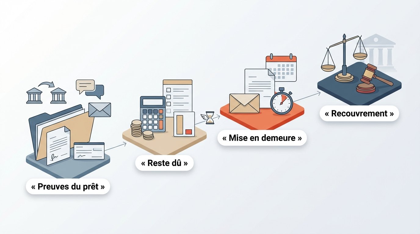 Démarches en cas de prêt entre particuliers impayé : preuves du prêt, calcul du reste dû, mise en demeure, puis injonction de payer ou action au tribunal si nécessaire