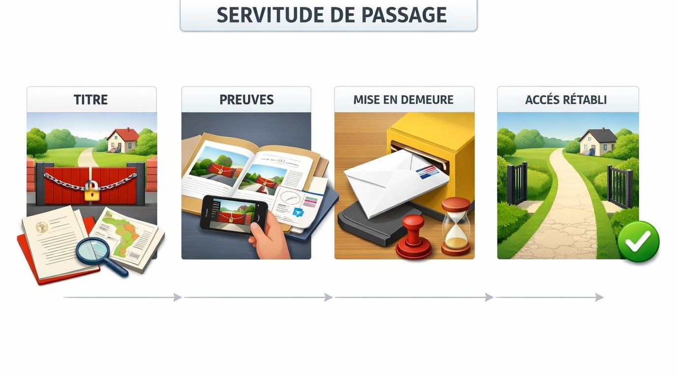 Servitude de passage contestée : vérification du titre, constat du blocage, mise en demeure, tentative amiable, puis action en justice si nécessaire