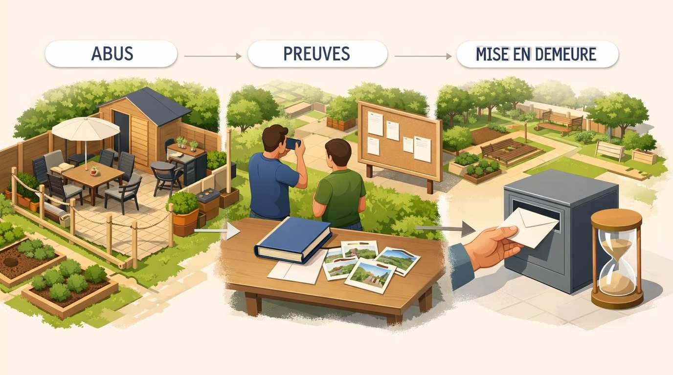 Jardin partagé : étapes pour faire cesser une occupation abusive (règlement, preuves, mise en demeure, médiation/conciliation, action si besoin)