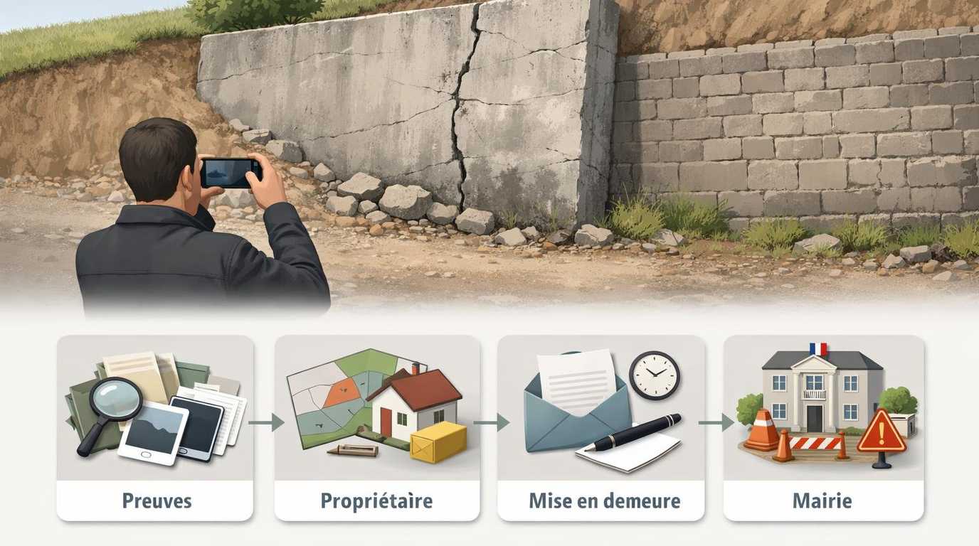 Mur de soutènement fissuré : étapes utiles pour agir (photos et preuves, demande d’intervention, mise en demeure, signalement en mairie si danger, puis recours si le voisin ne fait rien)