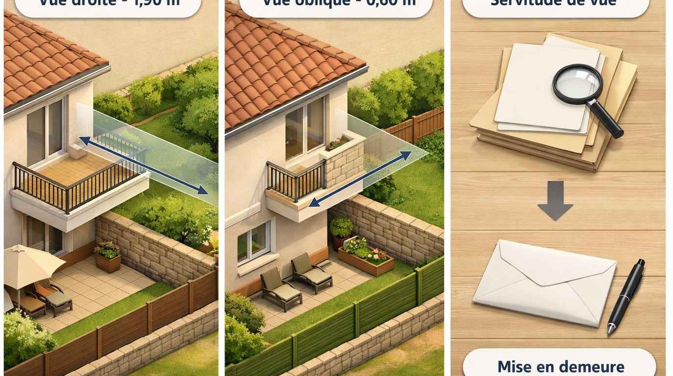 Vue plongeante et conflit de voisinage : vérifier l’existence d’une servitude, analyser vue droite ou oblique, rassembler des preuves, envoyer une mise en demeure, puis conciliation ou tribunal si besoin