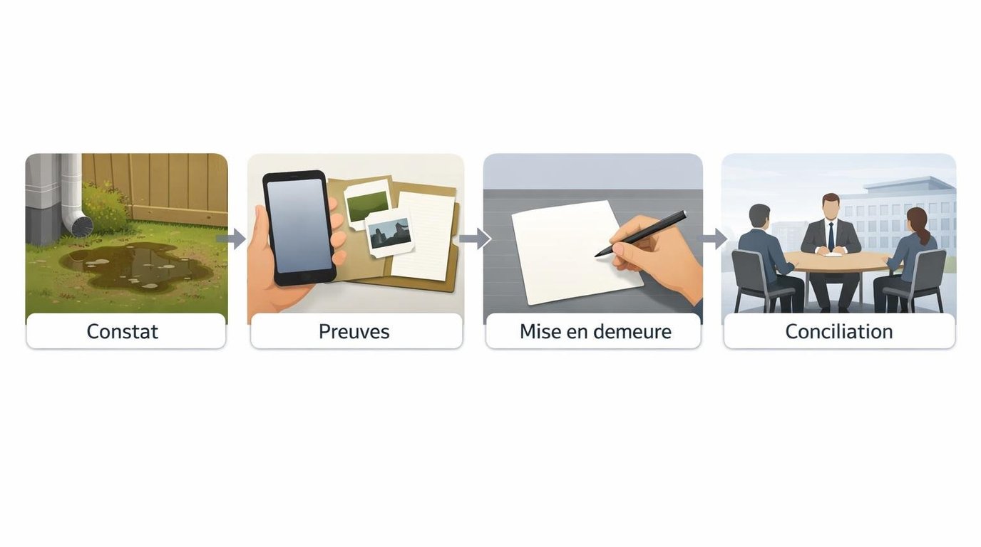 Démarches en cas d’écoulement d’eaux usées sur un terrain : preuves, identification de l’origine, mise en demeure, conciliation, puis recours si nécessaire