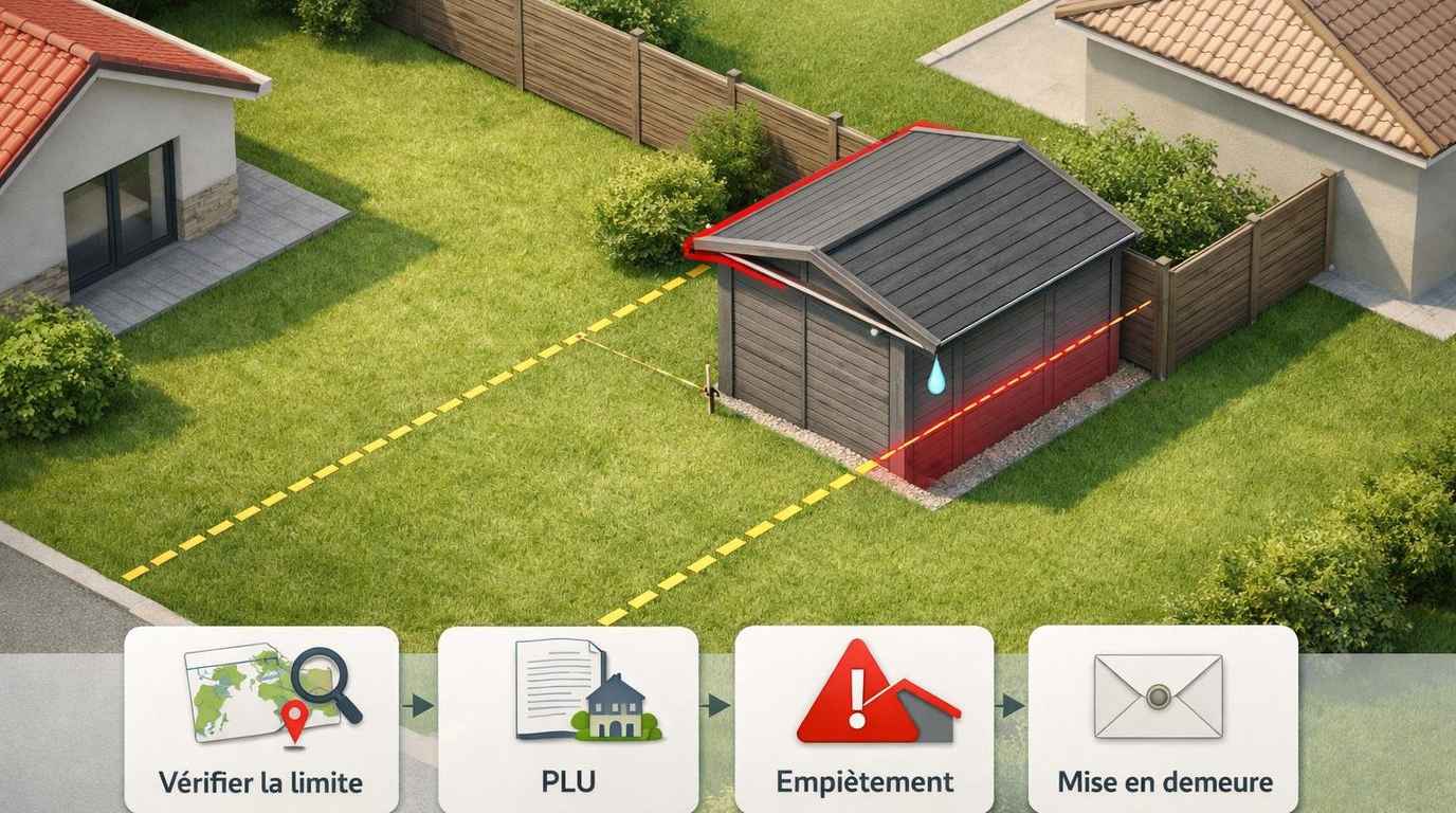 Abri de jardin en limite séparative : vérification de la limite, règles du PLU, autorisation d’urbanisme, mise en demeure, puis conciliation ou recours si nécessaire
