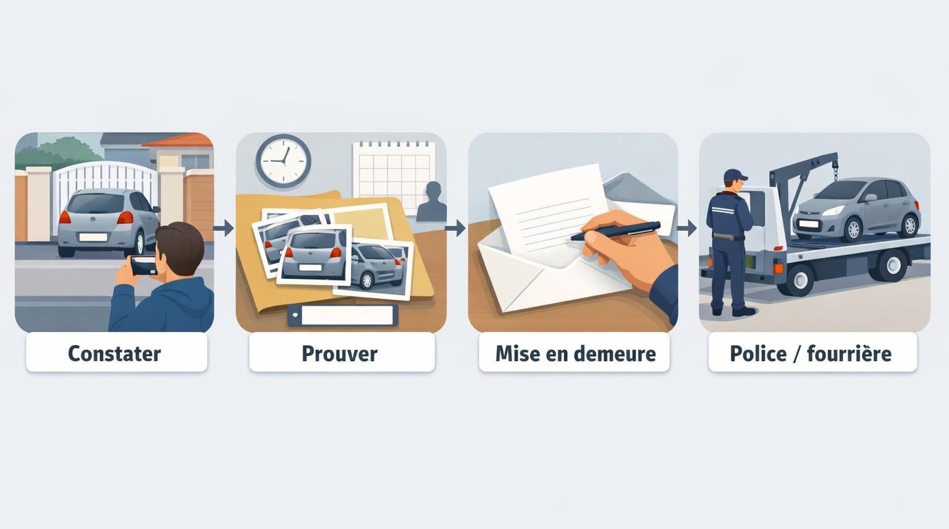 Stationnement gênant récurrent : preuves (photos, horaires), demande au conducteur, mise en demeure, puis police municipale / fourrière et recours si le trouble persiste