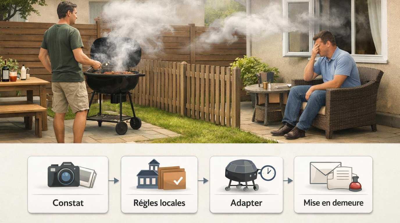 Barbecue et fumées envahissantes : vérification du règlement (copropriété/arrêté local), constat des nuisances (dates, photos), demande écrite, mise en demeure, puis conciliation ou action si nécessaire