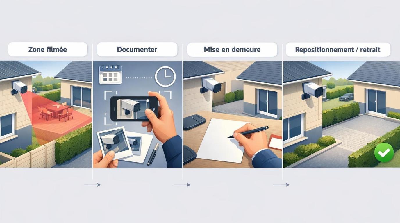 Schéma simplifié : caméra d’un voisin orientée vers une propriété privée, constat du champ de vision, collecte de preuves, mise en demeure, puis médiation/recours