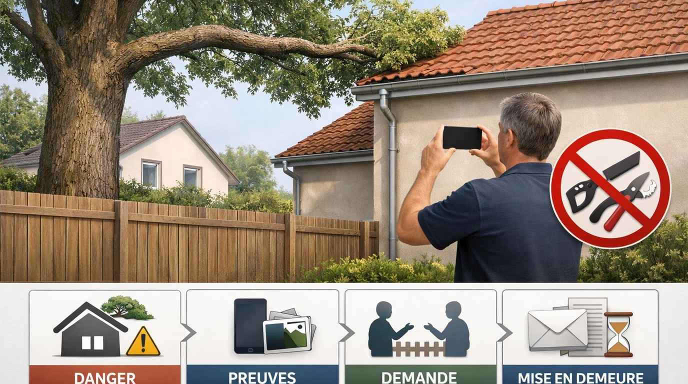 Arbre menaçant une maison : photos, demande au voisin, mise en demeure, constat, puis conciliation ou juge si nécessaire