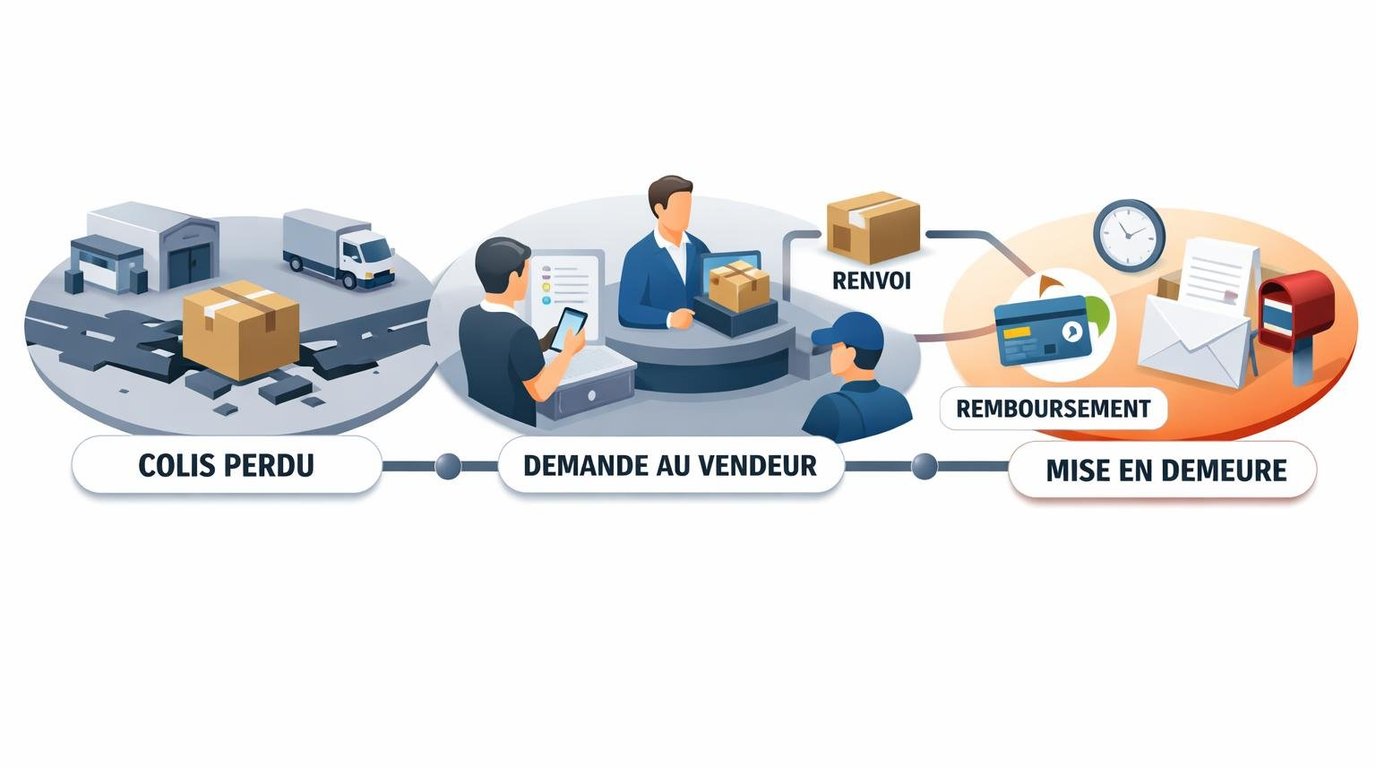 Démarches en cas de colis perdu : suivi bloqué ou livré non reçu, conservation des preuves, demande au vendeur, mise en demeure, puis médiation ou chargeback si besoin