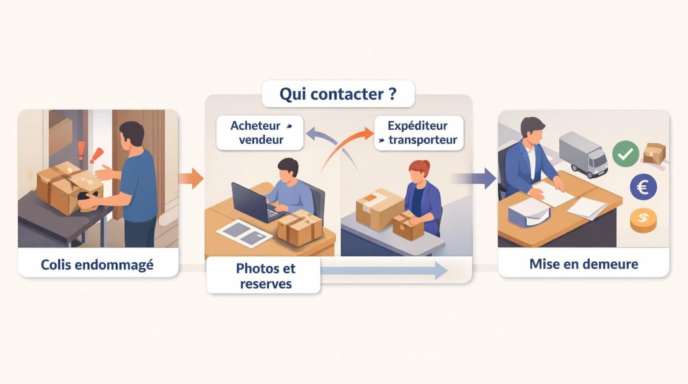 Étapes en cas de colis endommagé : photos du colis, réserves à la livraison, réclamation, mise en demeure, indemnisation ou recours
