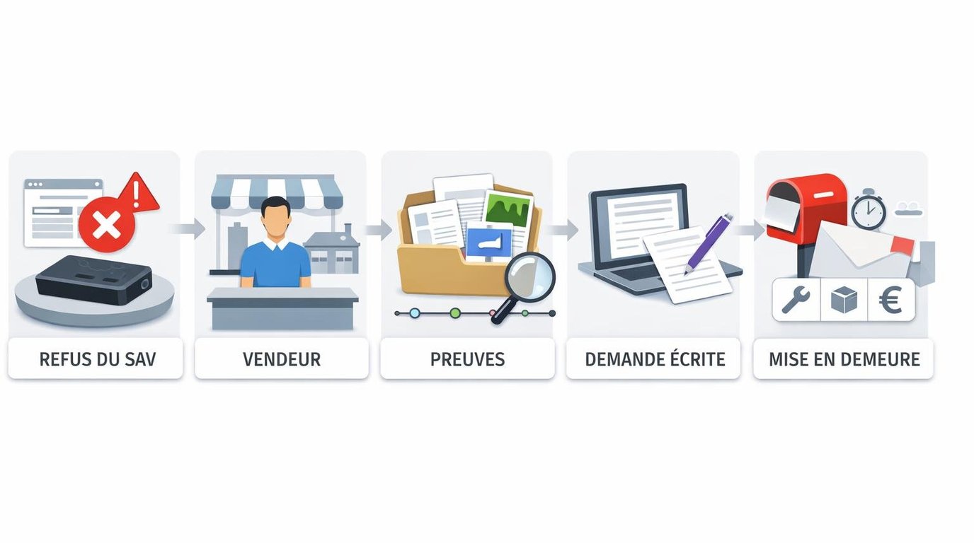 DĂ©marches en cas de refus de prise en charge par un SAV : dossier complet, demande dâexplications Ă©crites, mise en demeure au vendeur, mĂ©diation puis tribunal si nĂ©cessaire