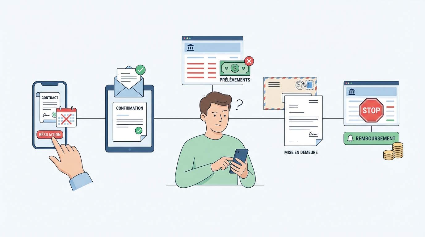 Illustration d’un abonnement résilié mais toujours prélevé : confirmation de résiliation, prélèvements bancaires, mise en demeure puis remboursement