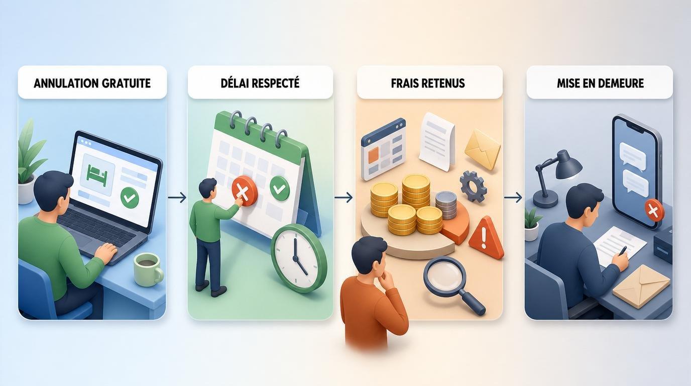 Étapes pour contester des frais conservés malgré une annulation gratuite : vérifier l’offre, conserver les preuves, réclamer le remboursement, envoyer une mise en demeure puis saisir un médiateur