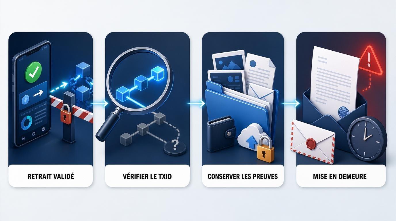 Étapes à suivre lorsqu’un retrait de cryptomonnaies est validé mais non exécuté : vérification du TXID, conservation des preuves, demande d’explications, mise en demeure puis signalement ou recours