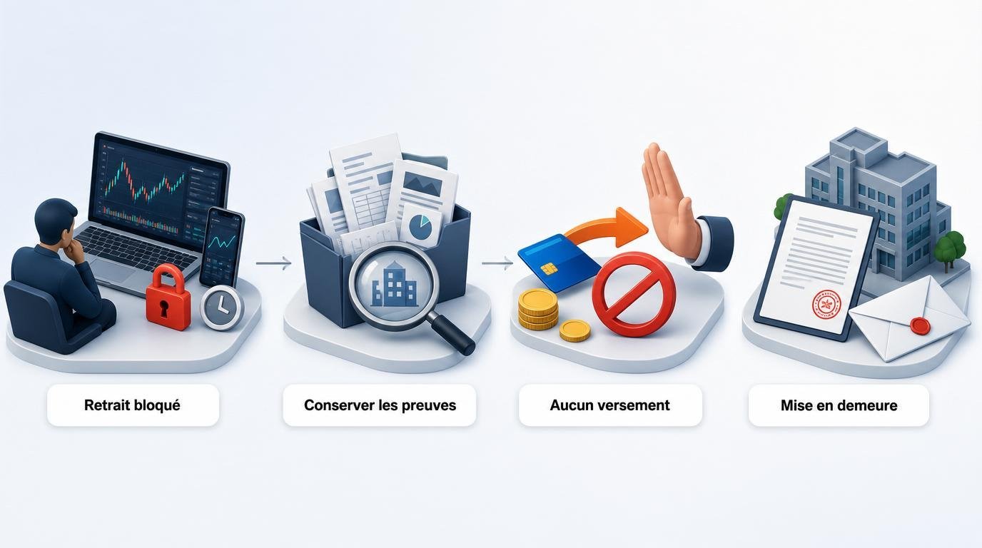 Étapes à suivre lorsqu’une plateforme de trading bloque un retrait : vérification des conditions, conservation des preuves, identification de la société, mise en demeure puis signalement ou recours