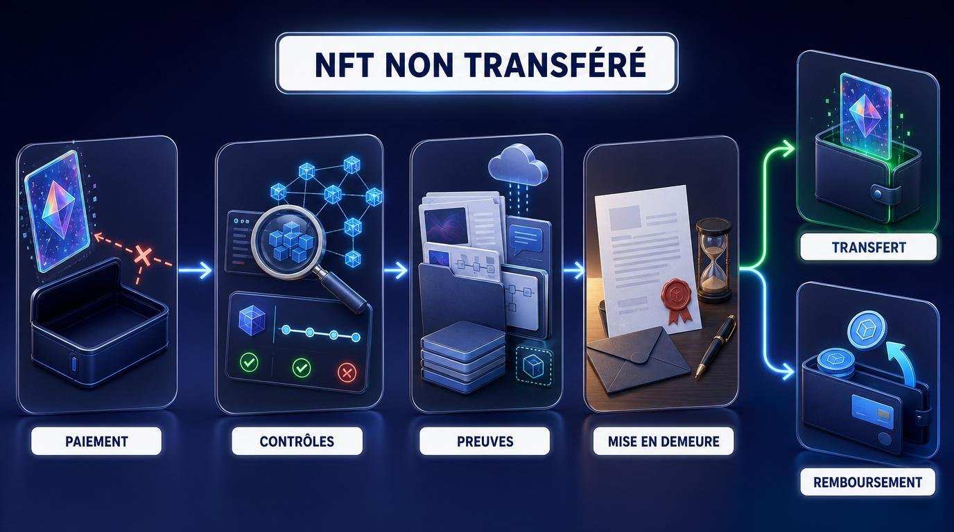 Étapes à suivre après l’achat d’un NFT jamais transféré : vérification du portefeuille et de la blockchain, contact du vendeur, mise en demeure puis recours