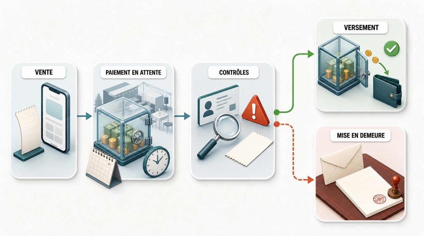 Étapes à suivre lorsqu’une plateforme de billetterie entre particuliers bloque un paiement : vérification du compte, contrôle des conditions de versement, demande d’explications, mise en demeure puis recours