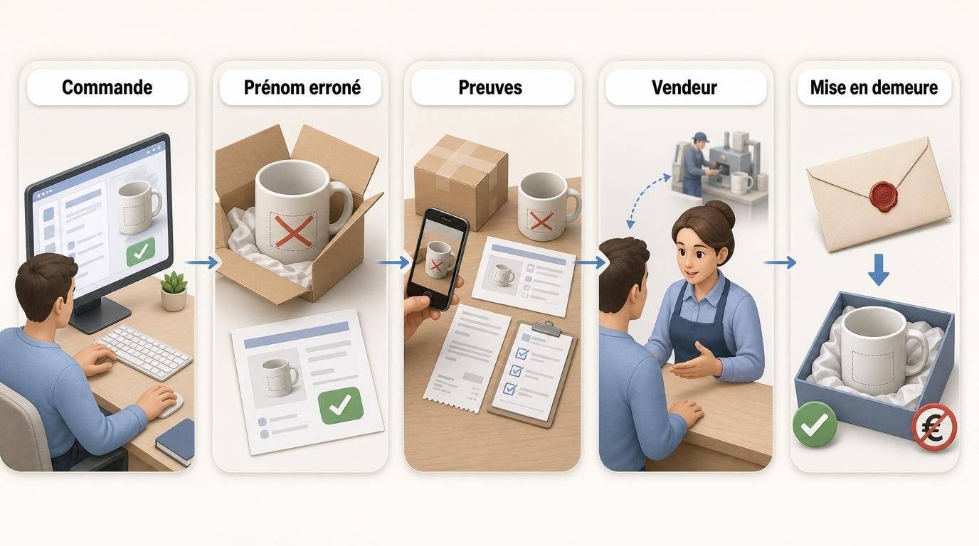 Démarches en cas d’erreur de prénom sur un produit personnalisé : vérification de la commande, photos du produit, demande de refabrication, mise en demeure puis médiation ou recours
