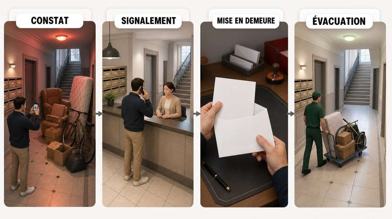 Démarches à suivre en cas d’encombrants dans les parties communes : photos, signalement au syndic ou au bailleur, mise en demeure, évacuation puis recours si nécessaire