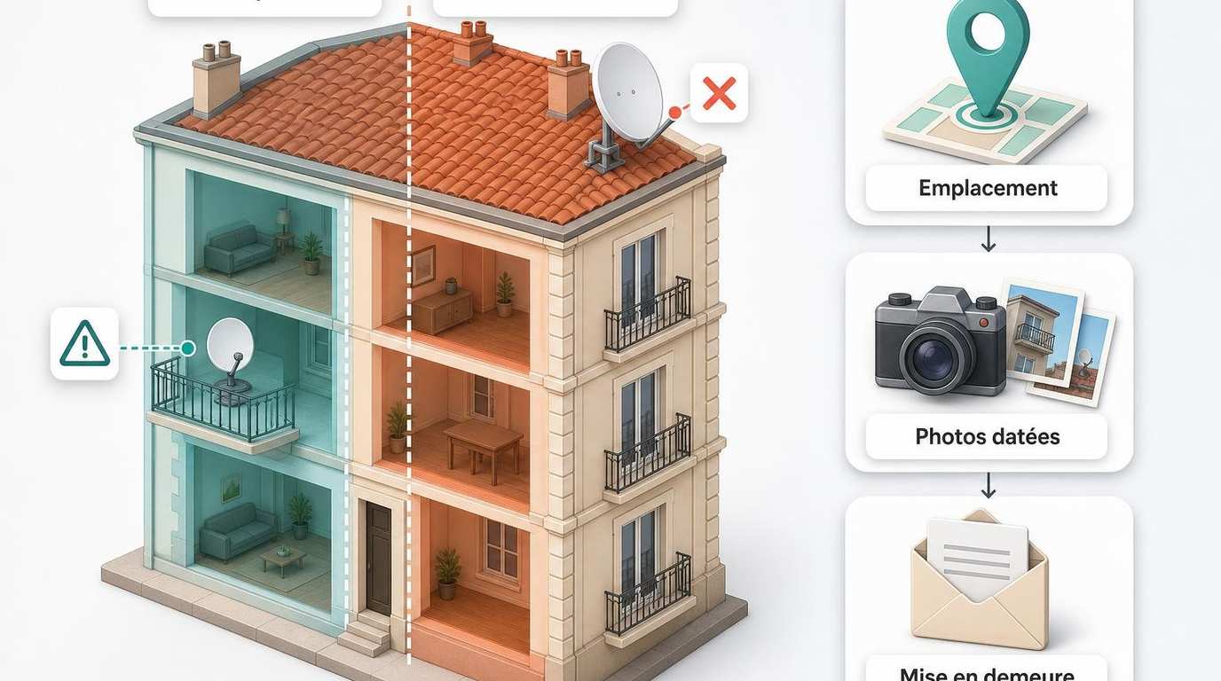 Schéma des démarches en cas d’antenne ou parabole installée sans autorisation : vérifier l’emplacement, rassembler les preuves, demander le retrait, envoyer une mise en demeure puis saisir le syndic ou le tribunal si nécessaire