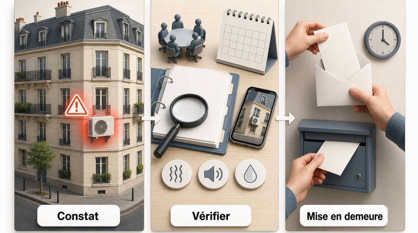 Schéma des démarches en cas de climatisation installée en façade sans accord de l’assemblée générale : vérification du règlement de copropriété, photos, demande au syndic, mise en demeure puis recours si nécessaire