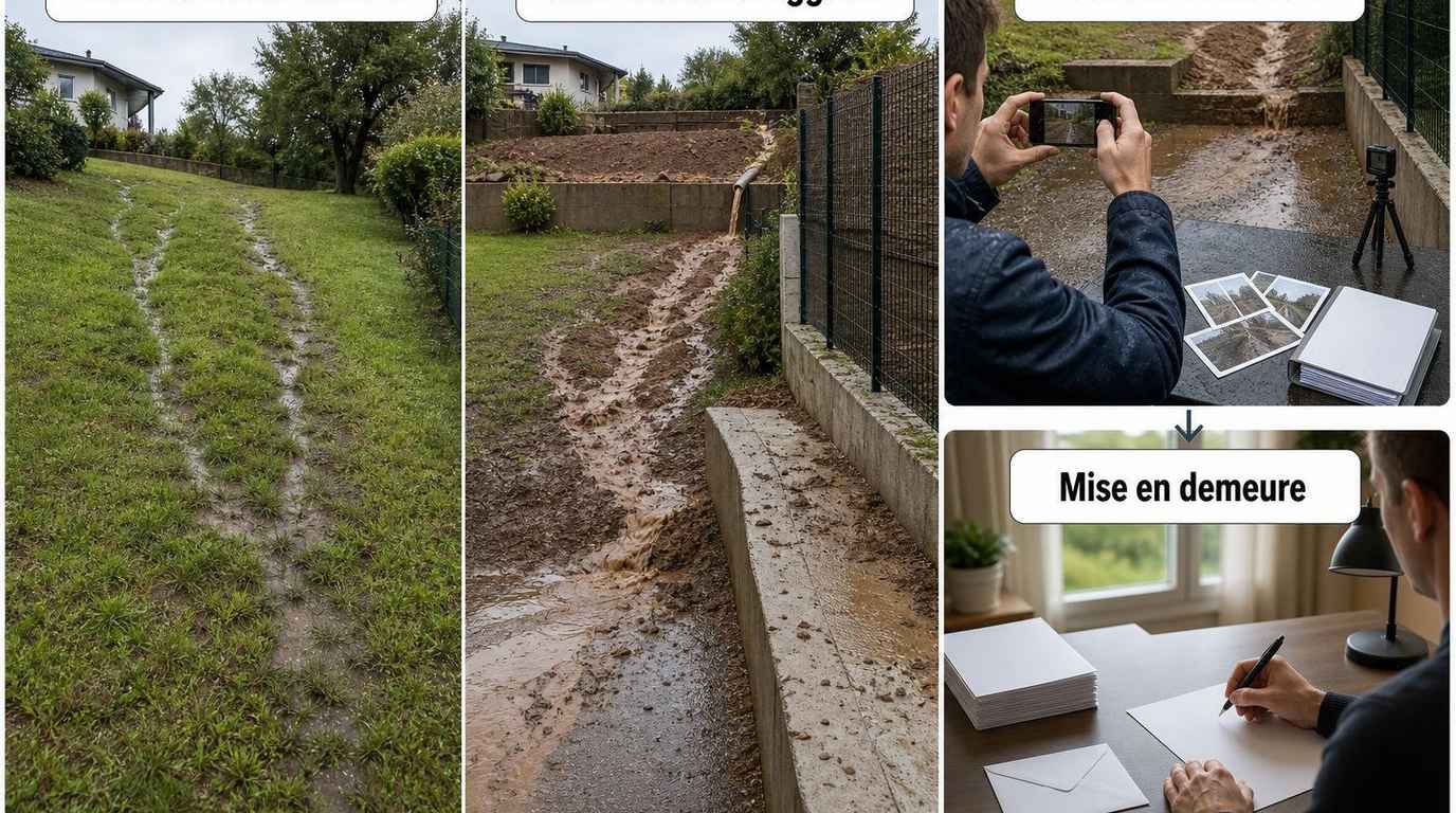 SchĂ©ma dâun ruissellement de terre entre terrains voisins : pluie, pente, arrivĂ©e de boue, constat des dĂ©gĂąts, demande de travaux puis mise en demeure