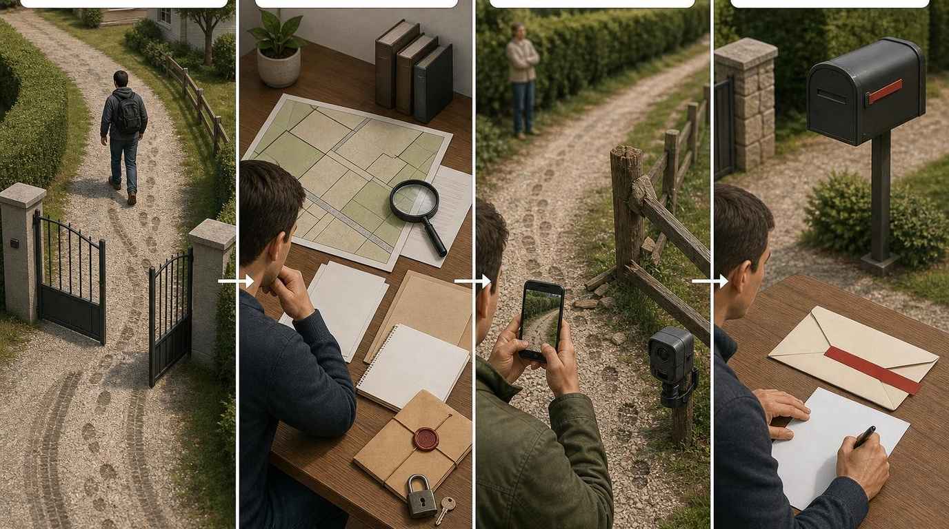 Schéma d’un chemin privé utilisé sans autorisation : vérification du titre de propriété, recherche d’une servitude, preuves des passages, mise en demeure puis conciliation ou action en justice