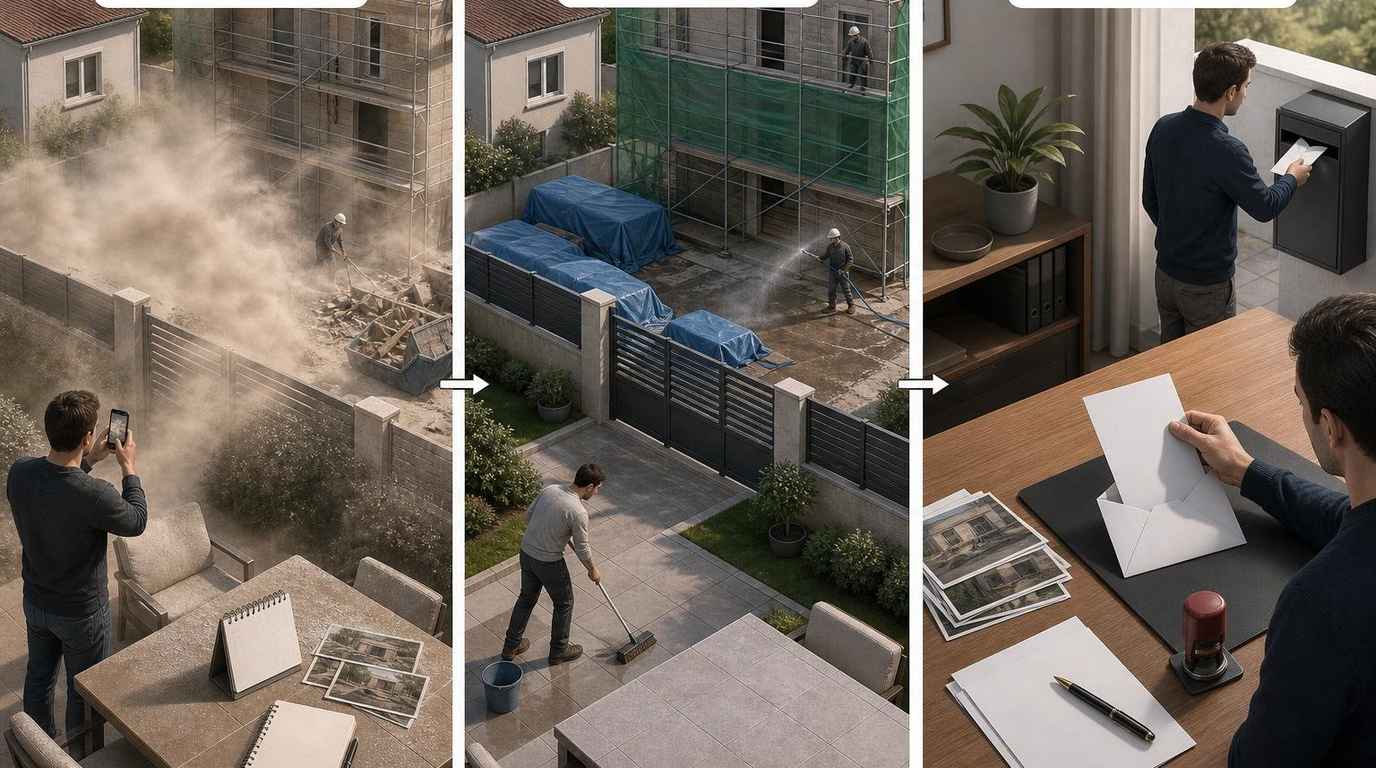 Schéma des démarches en cas de poussière provenant d’un chantier voisin : constater les nuisances, demander des protections, envoyer une mise en demeure, puis saisir un conciliateur ou le tribunal si nécessaire