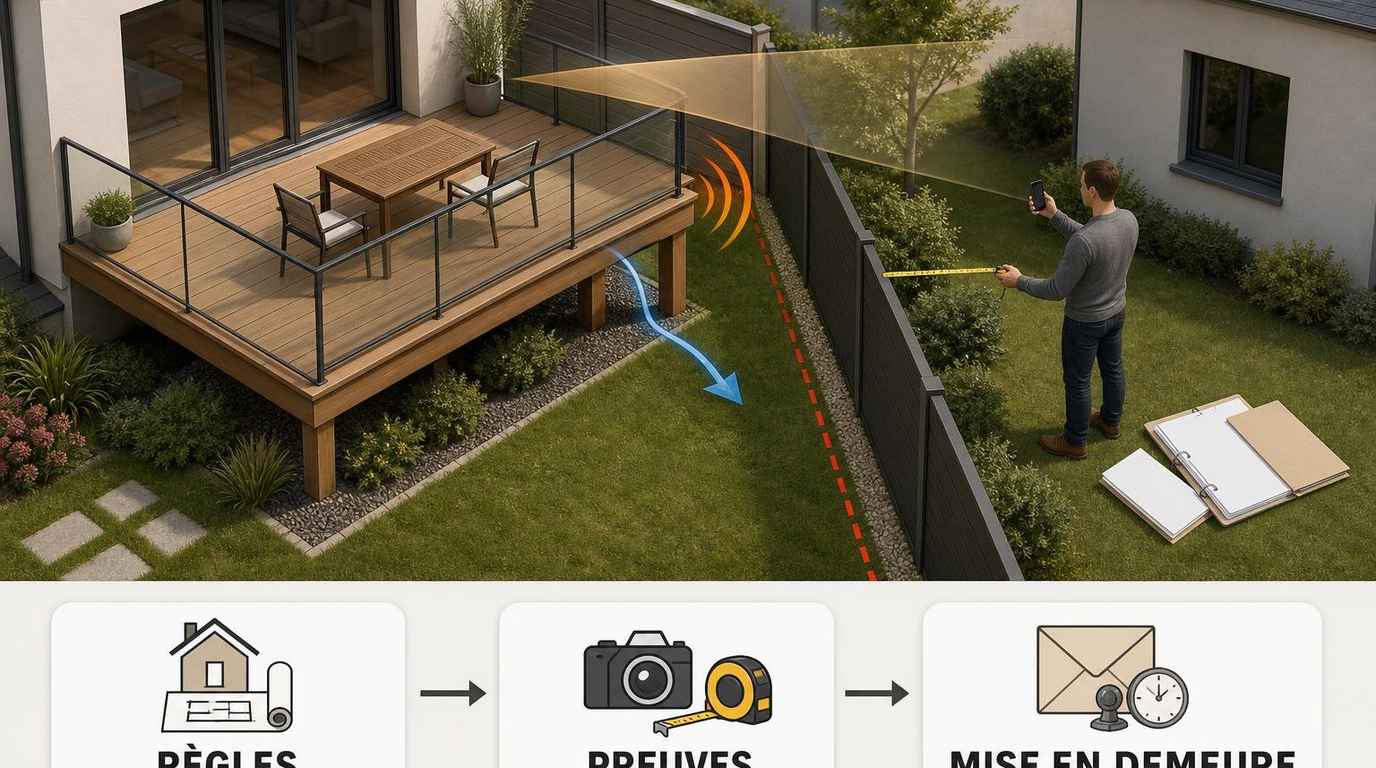 Schéma d’une terrasse construite trop près de la limite de propriété : vérification du PLU, des règles de vues, de l’autorisation d’urbanisme, puis demande de mise en conformité